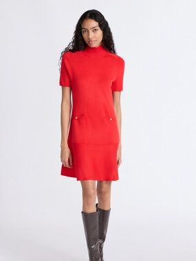Red Short-Sleeve Turtleneck Mini Dress